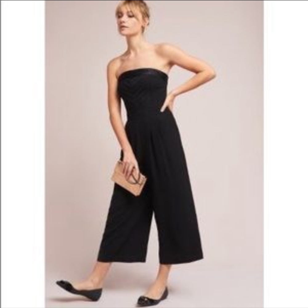 Anthropologie Greylin Black Pleated Strapless Wide Leg Jumpsuit